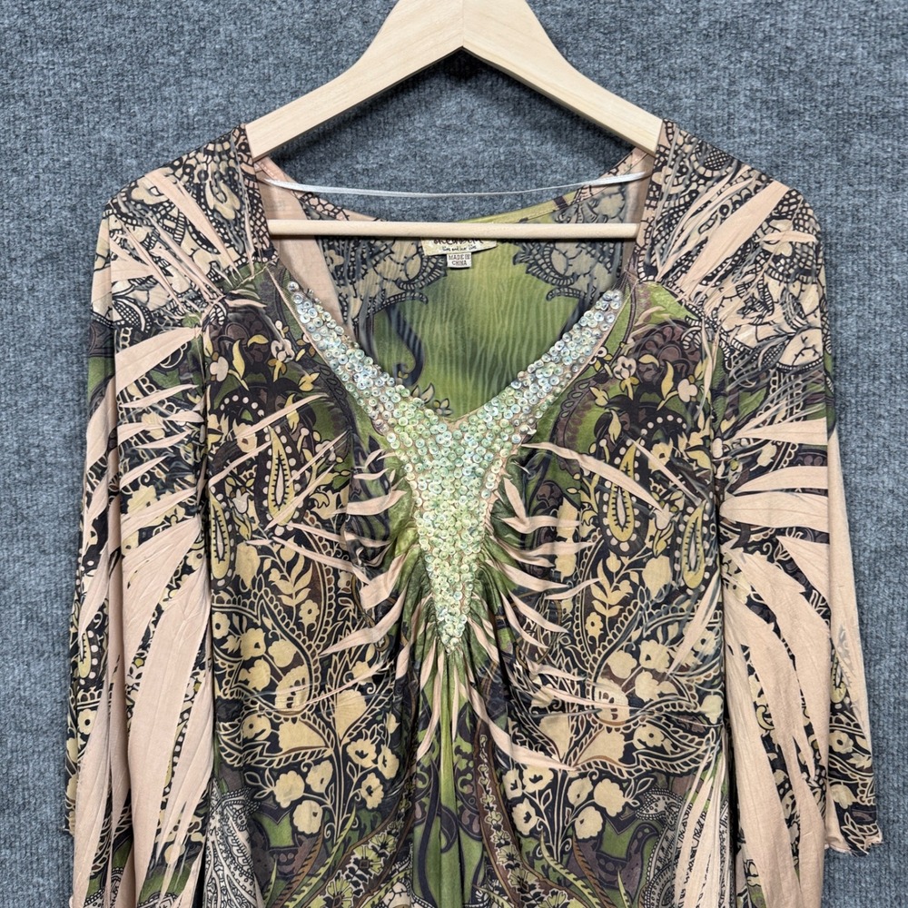 One World Live And Let Live XL Tunic Top Beige Sequined Bell Sleeves Whimsigoth - Picture 3 of 9